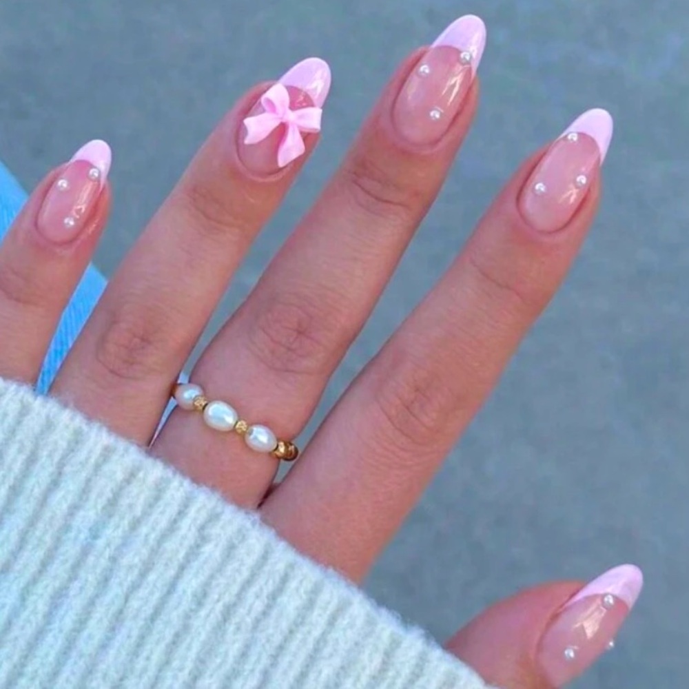 Pearl and Bow Pink Press On Nails